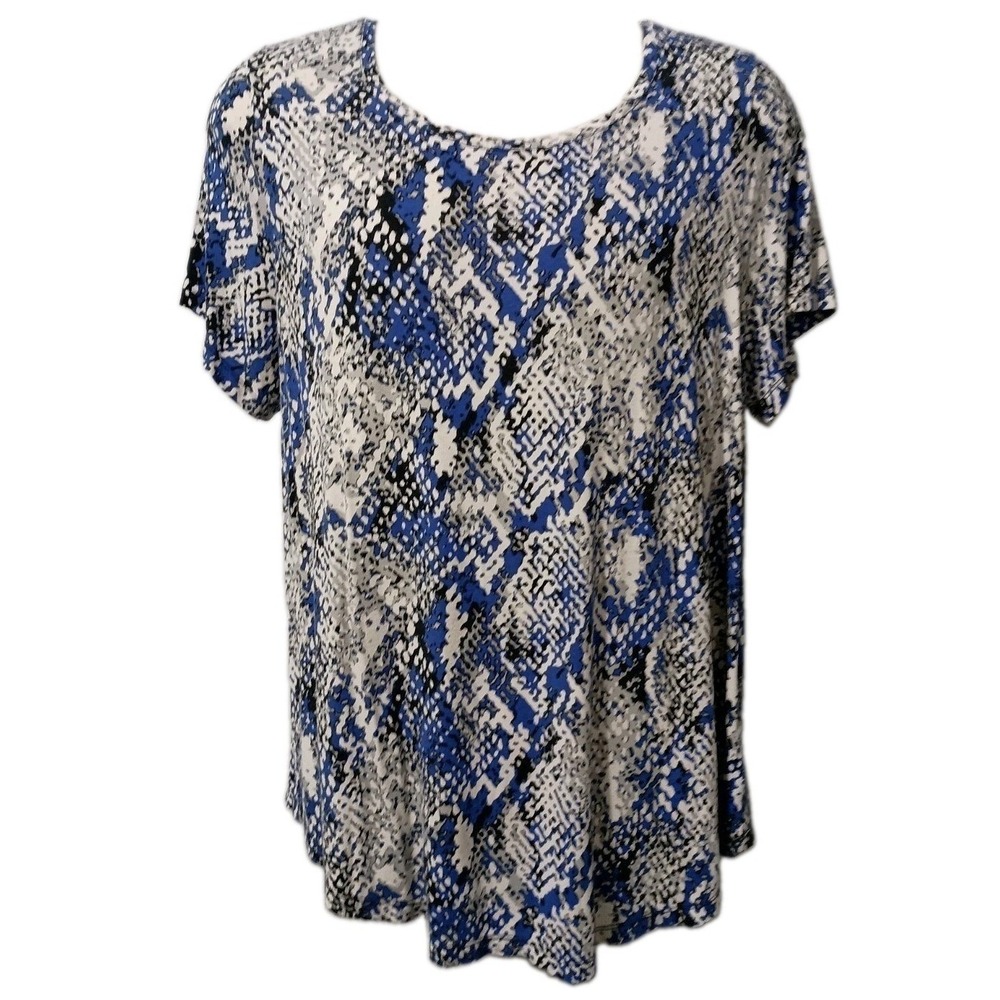 JM Collection Size 1X Blouse Colorful Blue Leopard Print Short Sleeve Curved Hem